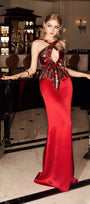 Reversible Red & Silver Halter Neck Sequin Silk Gown