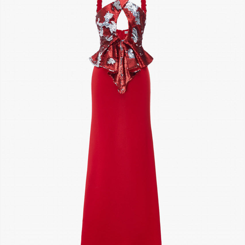 Reversible Red & Silver Halter Neck Sequin Silk Gown 2