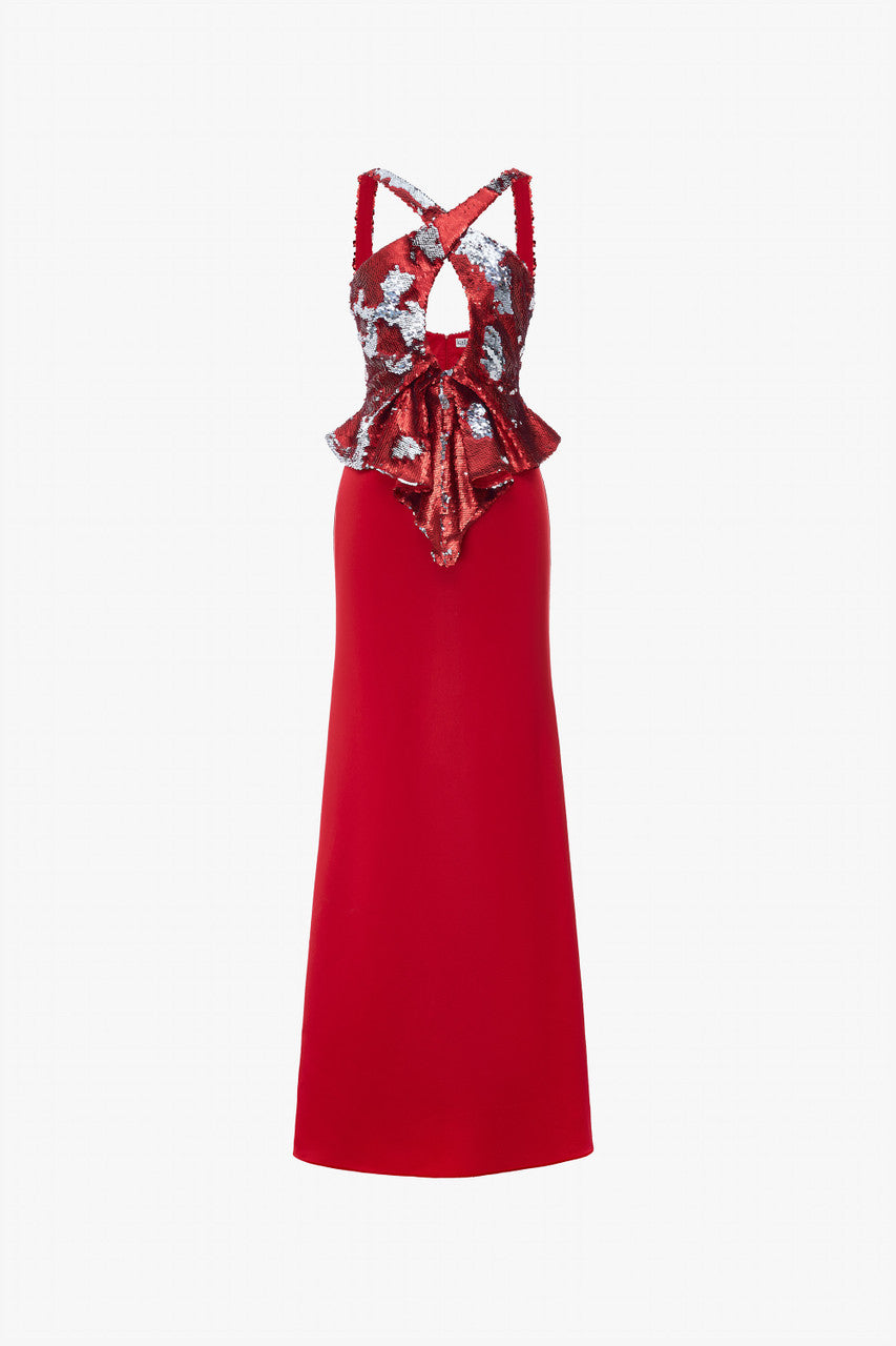 Reversible Red & Silver Halter Neck Sequin Silk Gown 2