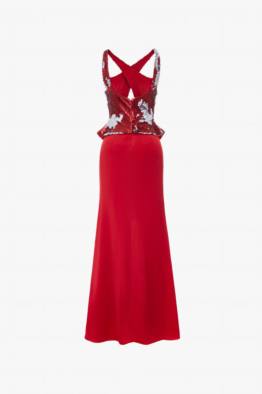 Reversible Red & Silver Halter Neck Sequin Silk Gown 4