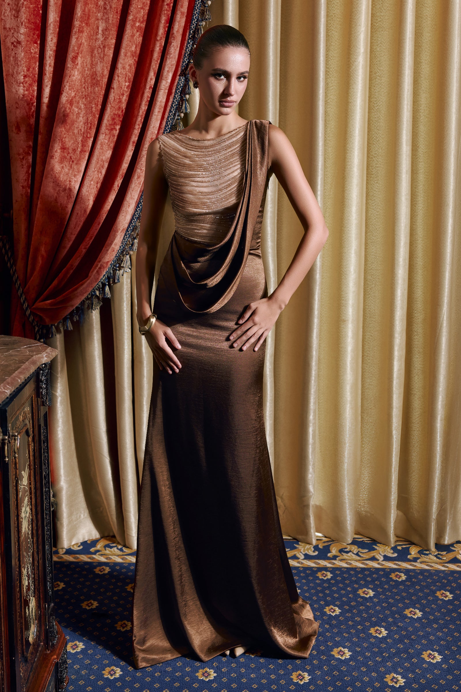 Women's Ripple Cowl Maxi Dress Chocolate Brown S/M/L/Customize MEAN BLVD, Chocolate Brown / S