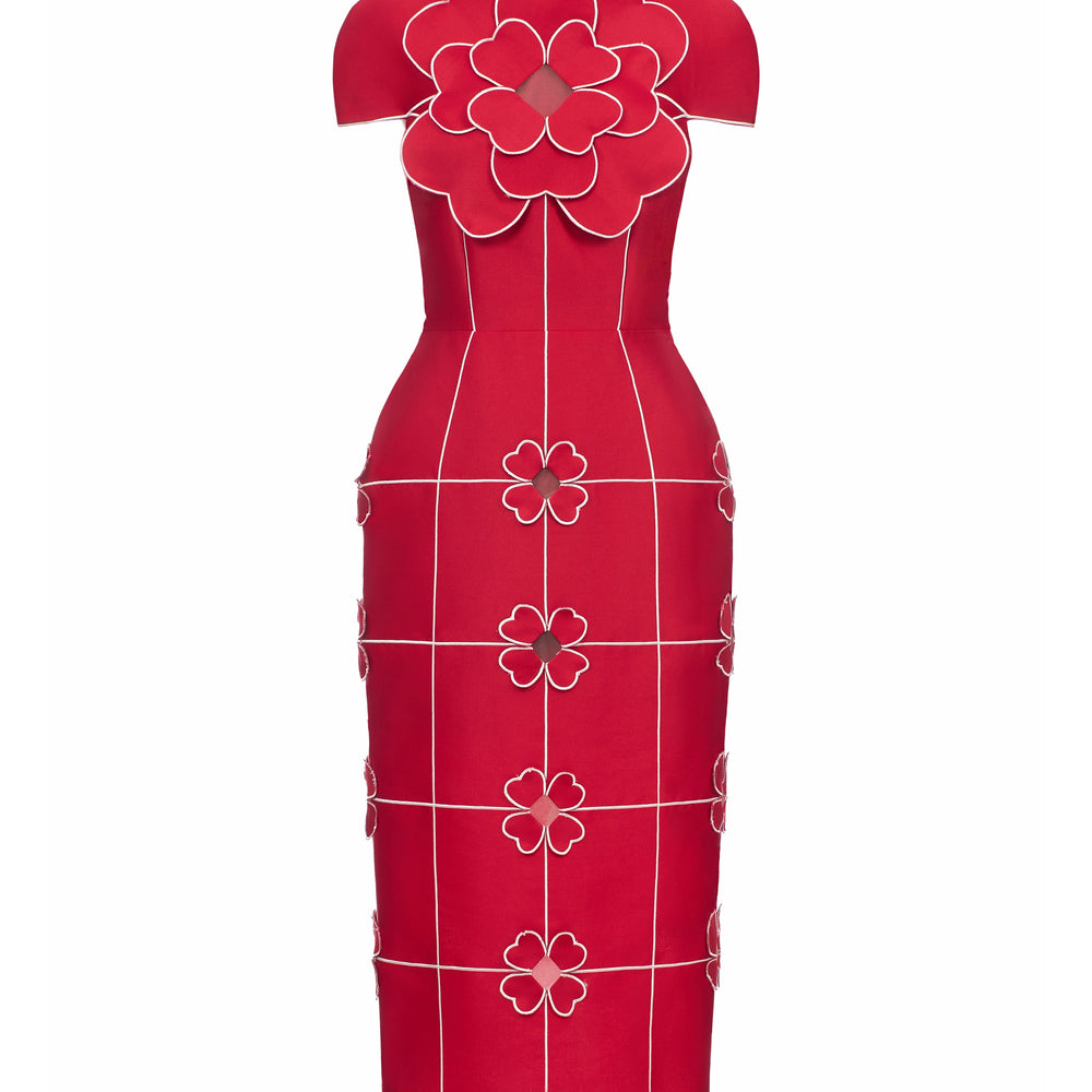 Solenya Pencil Flower Applique Taffeta Midi Dress