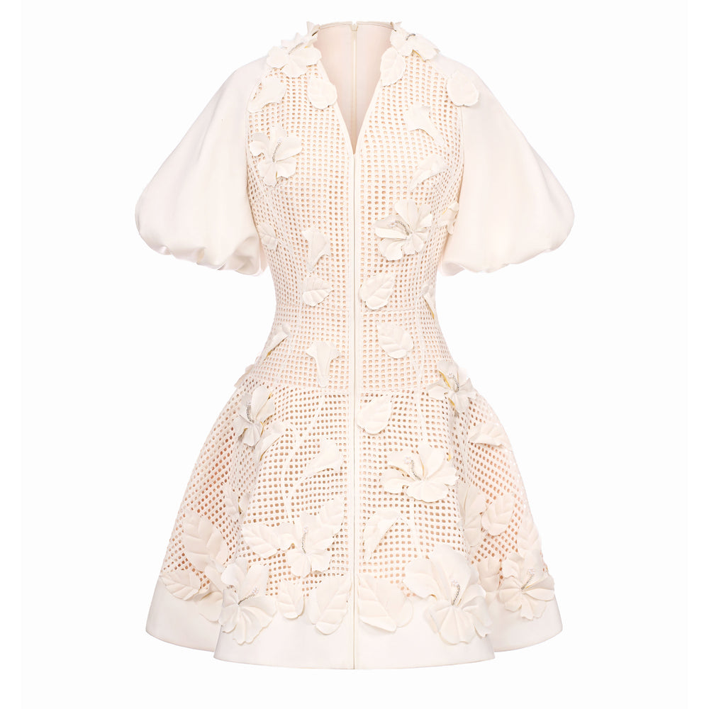 Caedia A-line Puffy Sleeved Mesh Lace Mini Dress