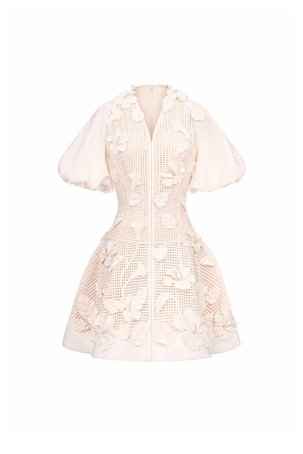 Caedia A-line Puffy Sleeved Mesh Lace Mini Dress