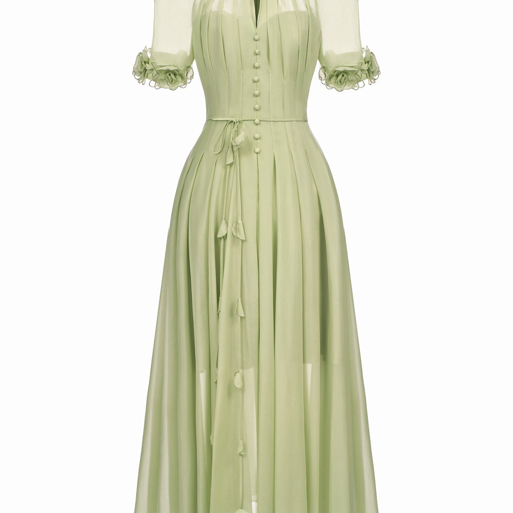 Virelle A-line Waist Pleated Silk Blend Ankle Length Dress