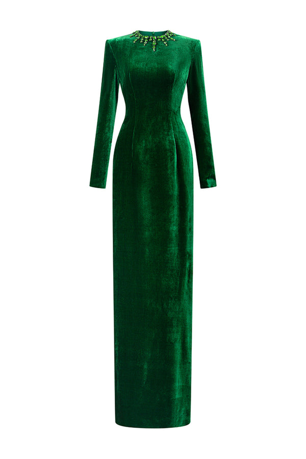 Chana Sheath Long Sleeved Velvet Floor Length Dress