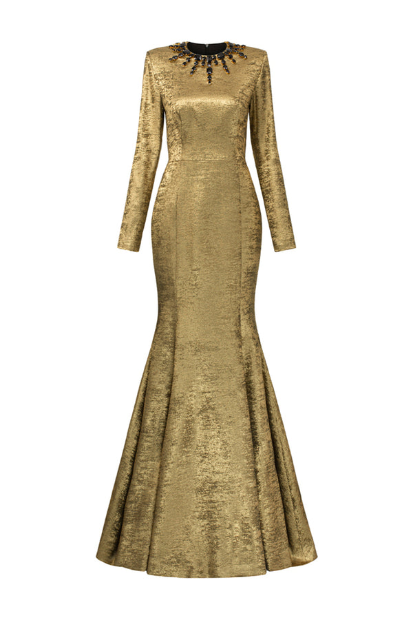 Berkley Trumpet Jewel Neck Silk Floor Length Dress