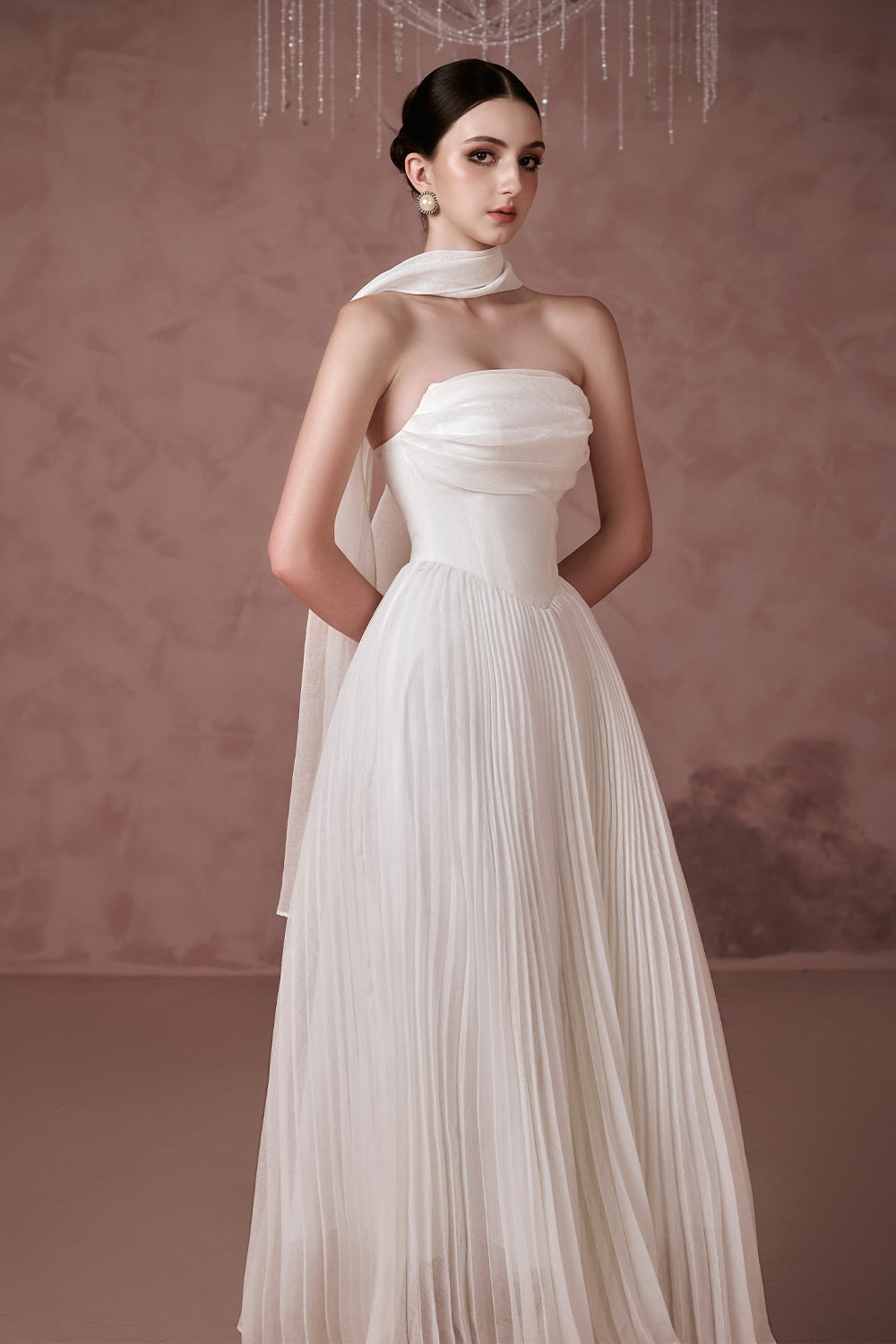 Women's Amelia Strapless Pleated Mesh Silk Ankle Length Dress XS/S/M/L  White MEAN BLVD
