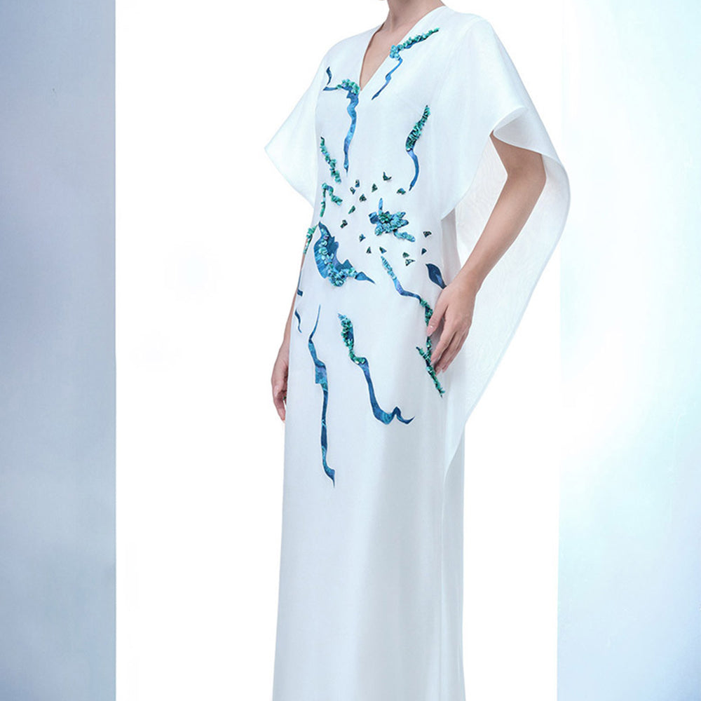 Himalayan Straight V-Neck Organza Floor Length Dress