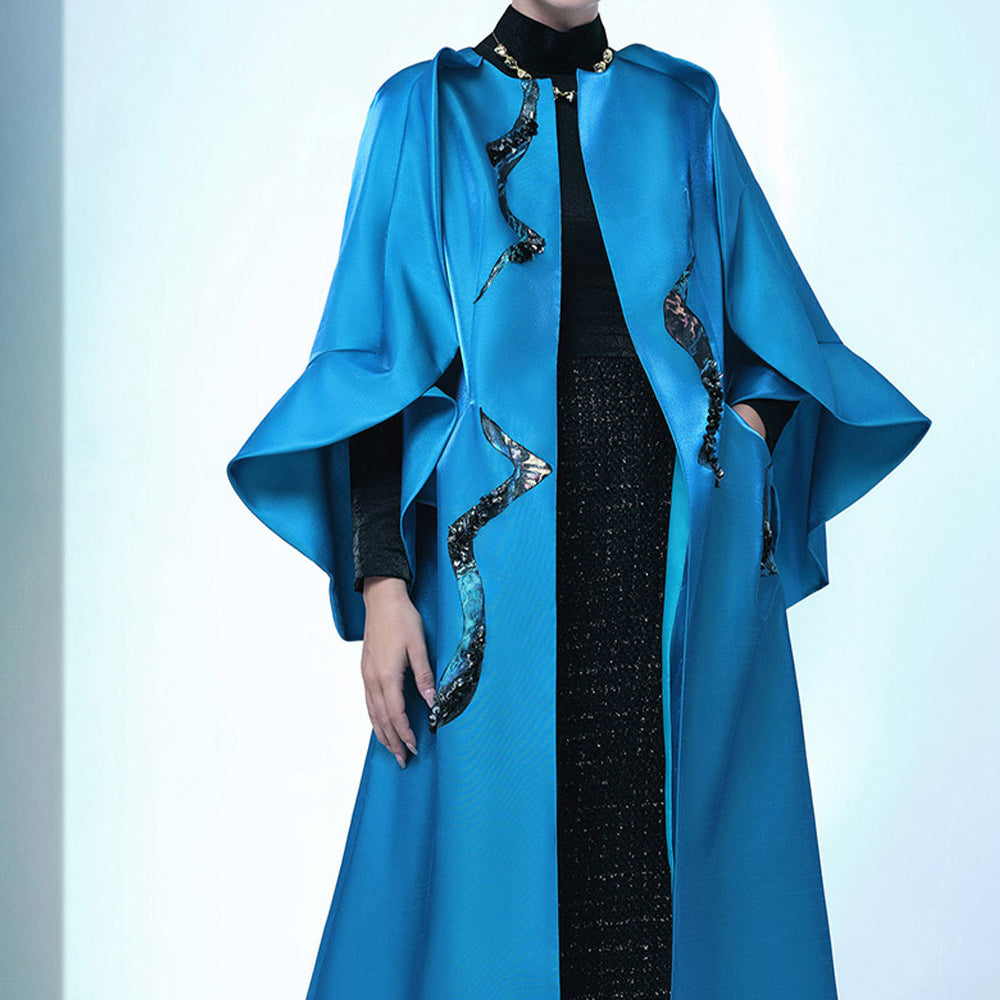 Poppy Of The Moon Coat Trapezoid Ruffle Trim Twill Calf Length Coat
