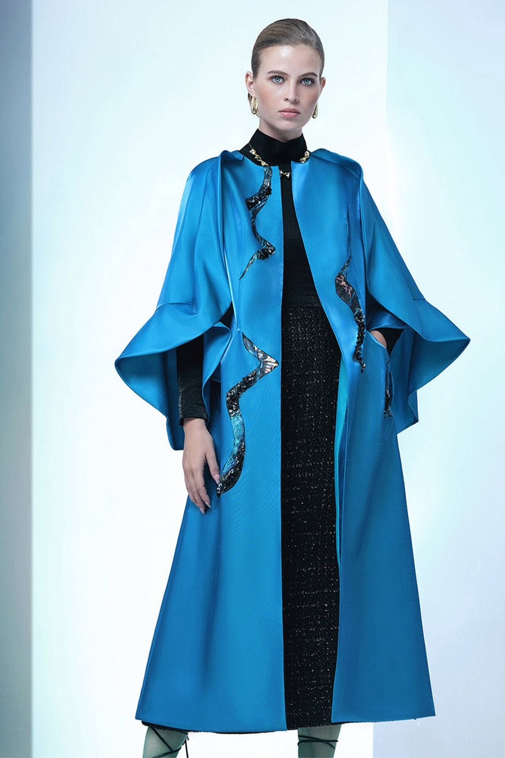 Poppy Of The Moon Coat Trapezoid Ruffle Trim Twill Calf Length Coat