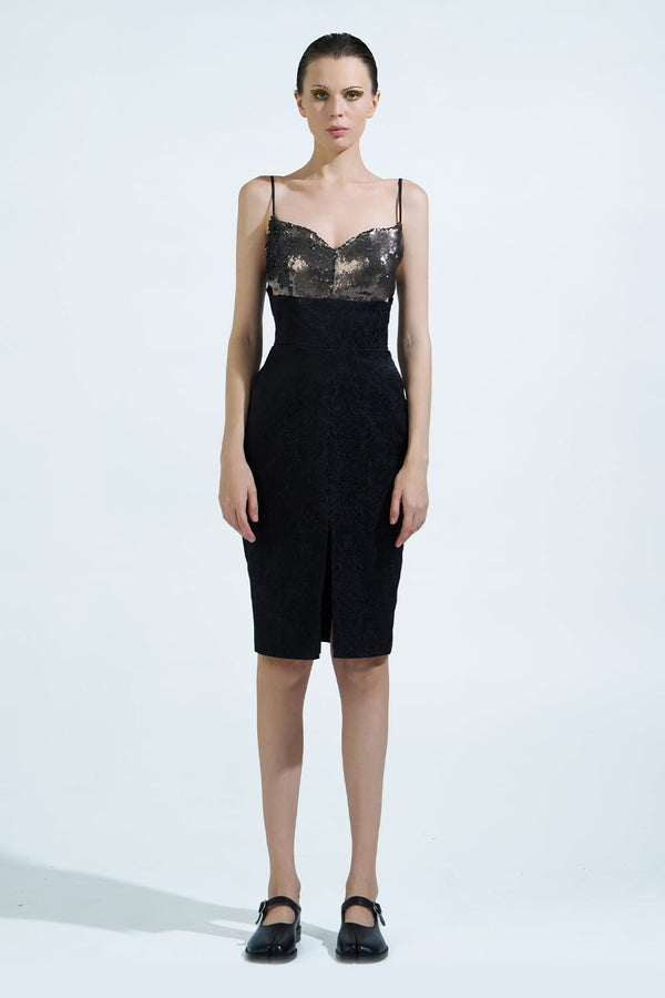 Annalise Bodycon Front Slit Brocade Silk Knee-length Dress
