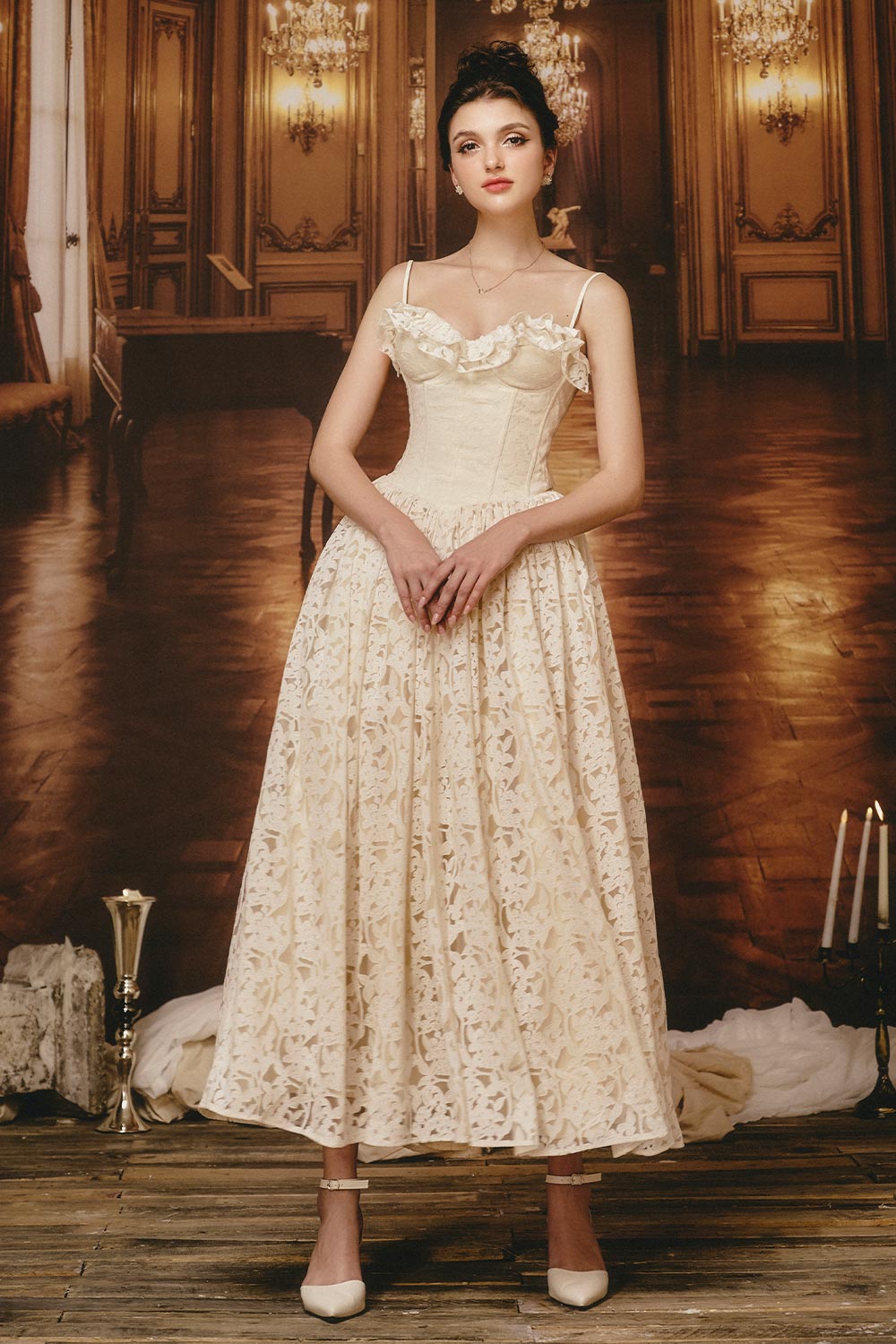 Mademoiselle A-line Ruffle Trim Silk Lace Ankle Length Dress