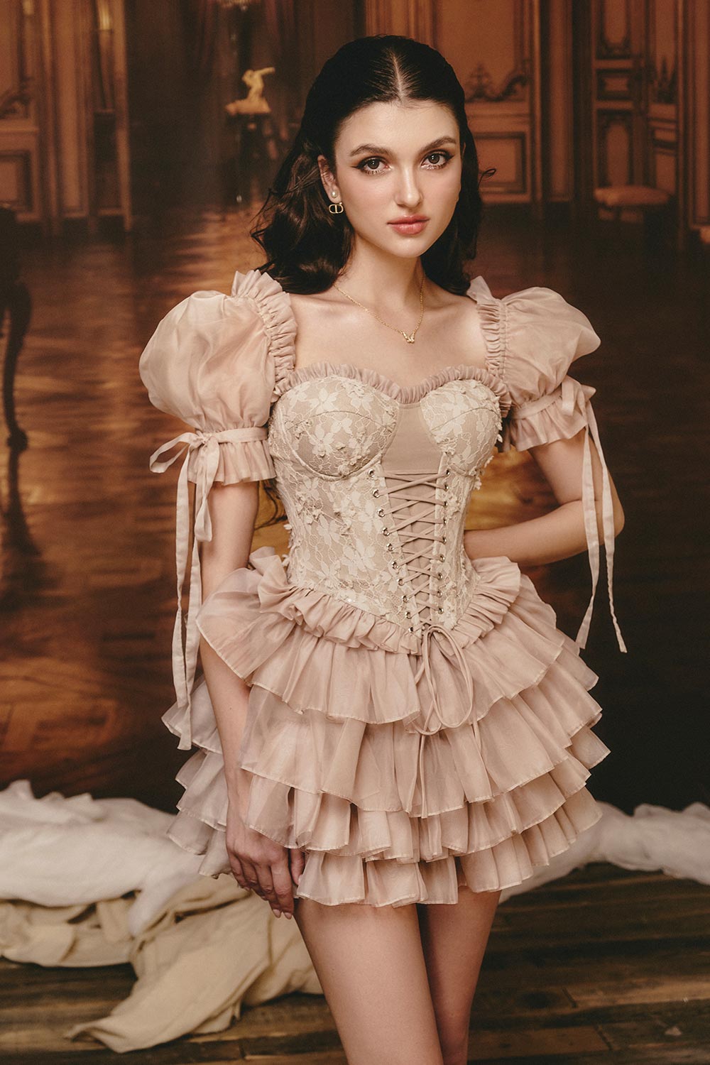 Paris Layered Corset Cotton Silk Mini Dress Beige / M