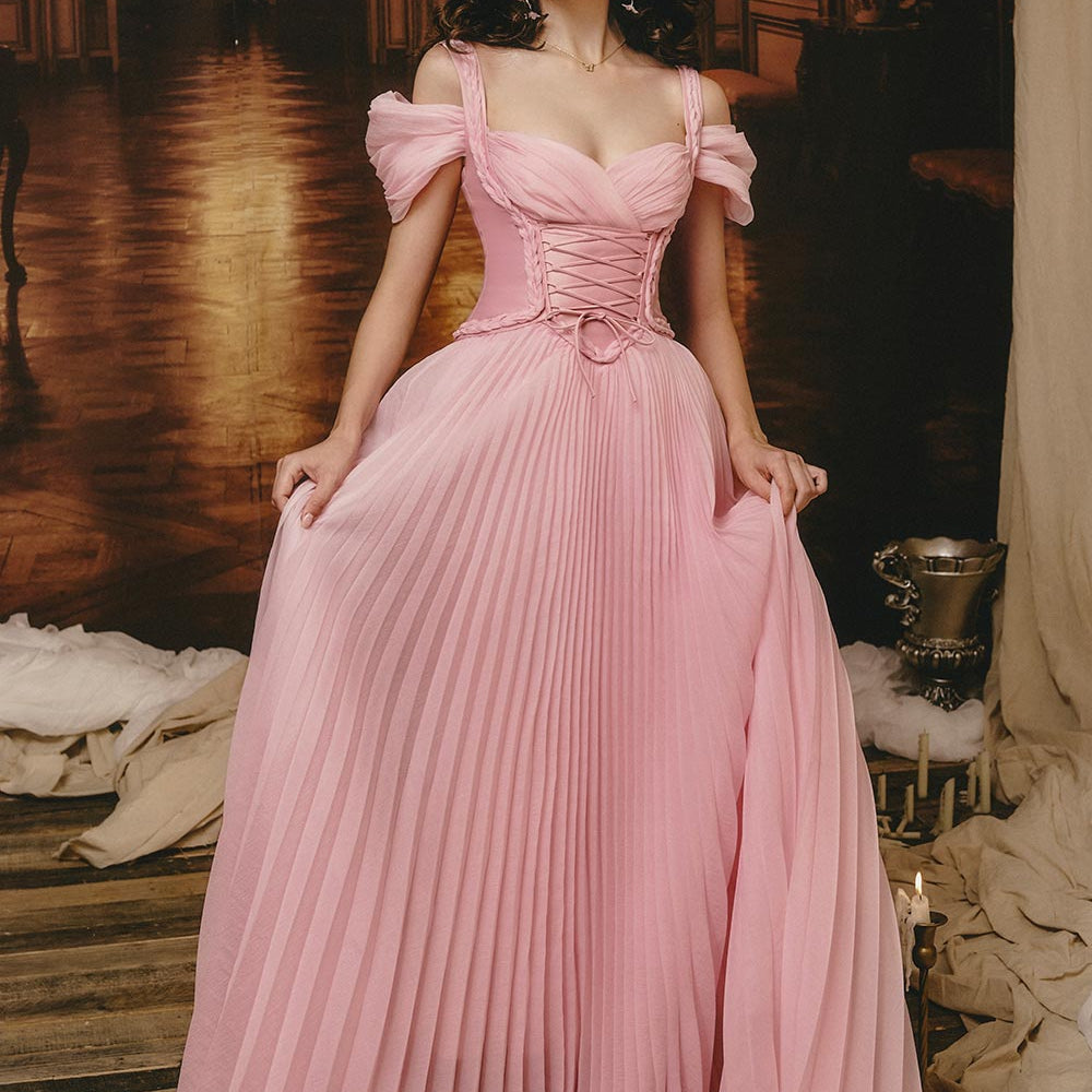 The Whisper Pleated Cold Shoulder Sleeved Mesh Silk Floor Length Dress