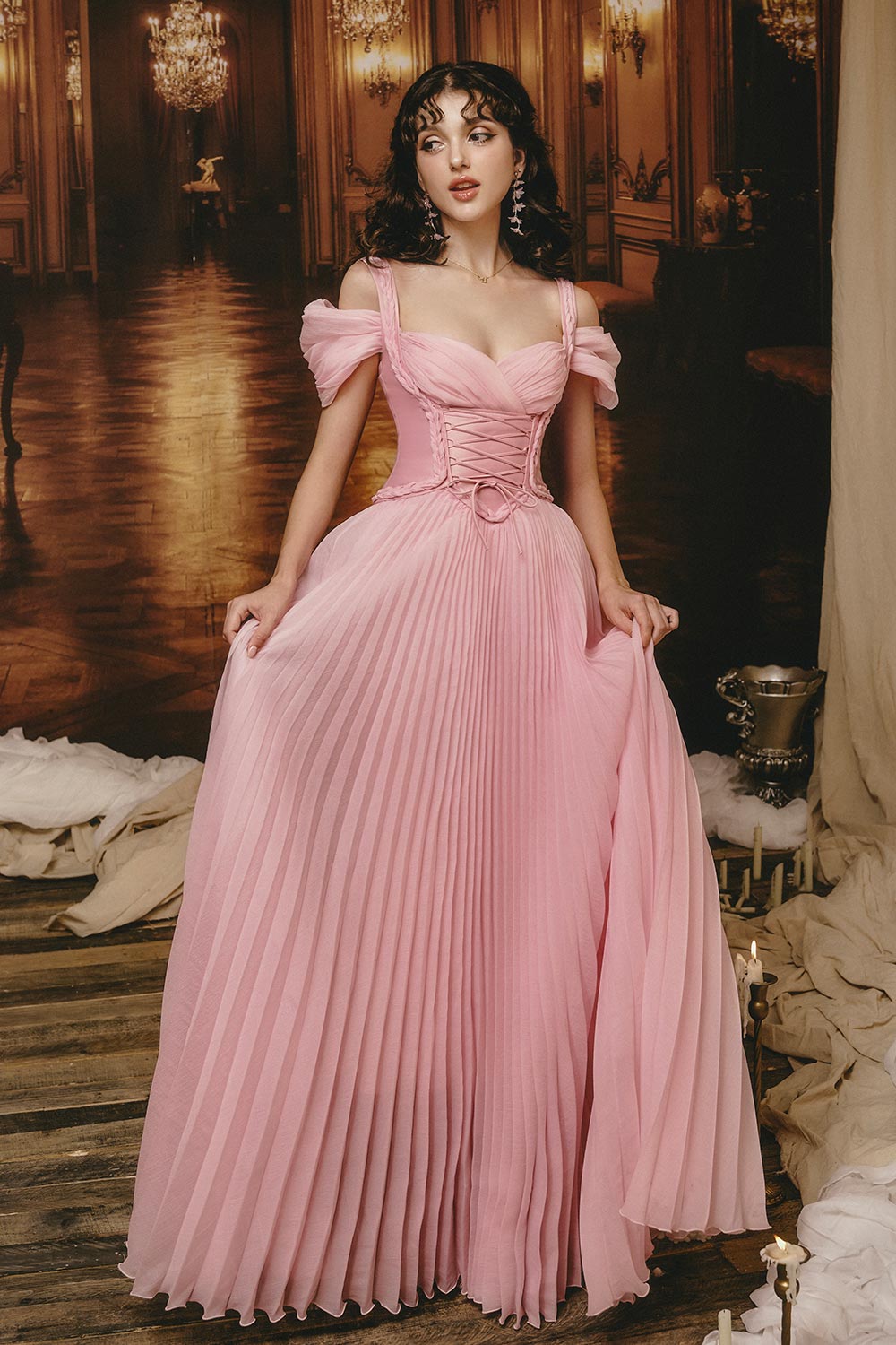 Women's The Whisper Pleated Cold Shoulder Sleeved Mesh Silk Floor Length Dress XS/S/M/L/Customize Baby Pink Mean Blvd Baby Pink / M
