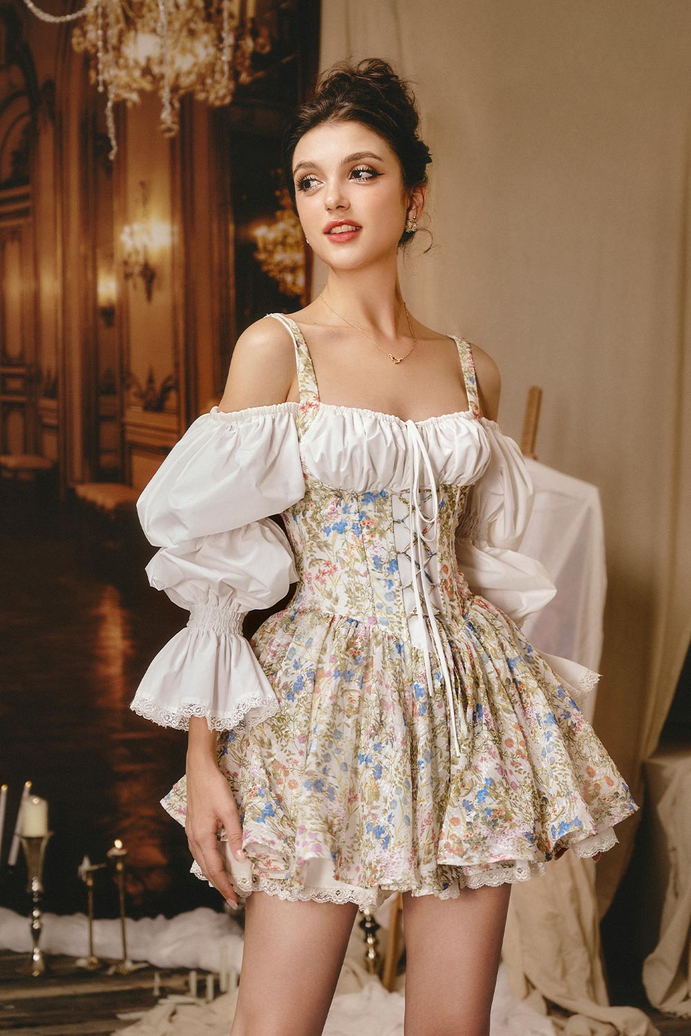 Dream A Little A-line Puffy Sleeved Silk Mini Dress