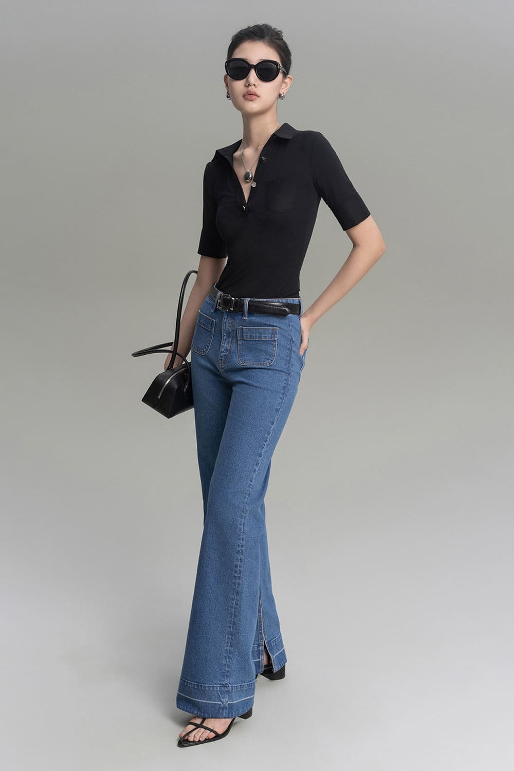 Clara Straight Patch Pocket Cotton Denim Floor Length Pants