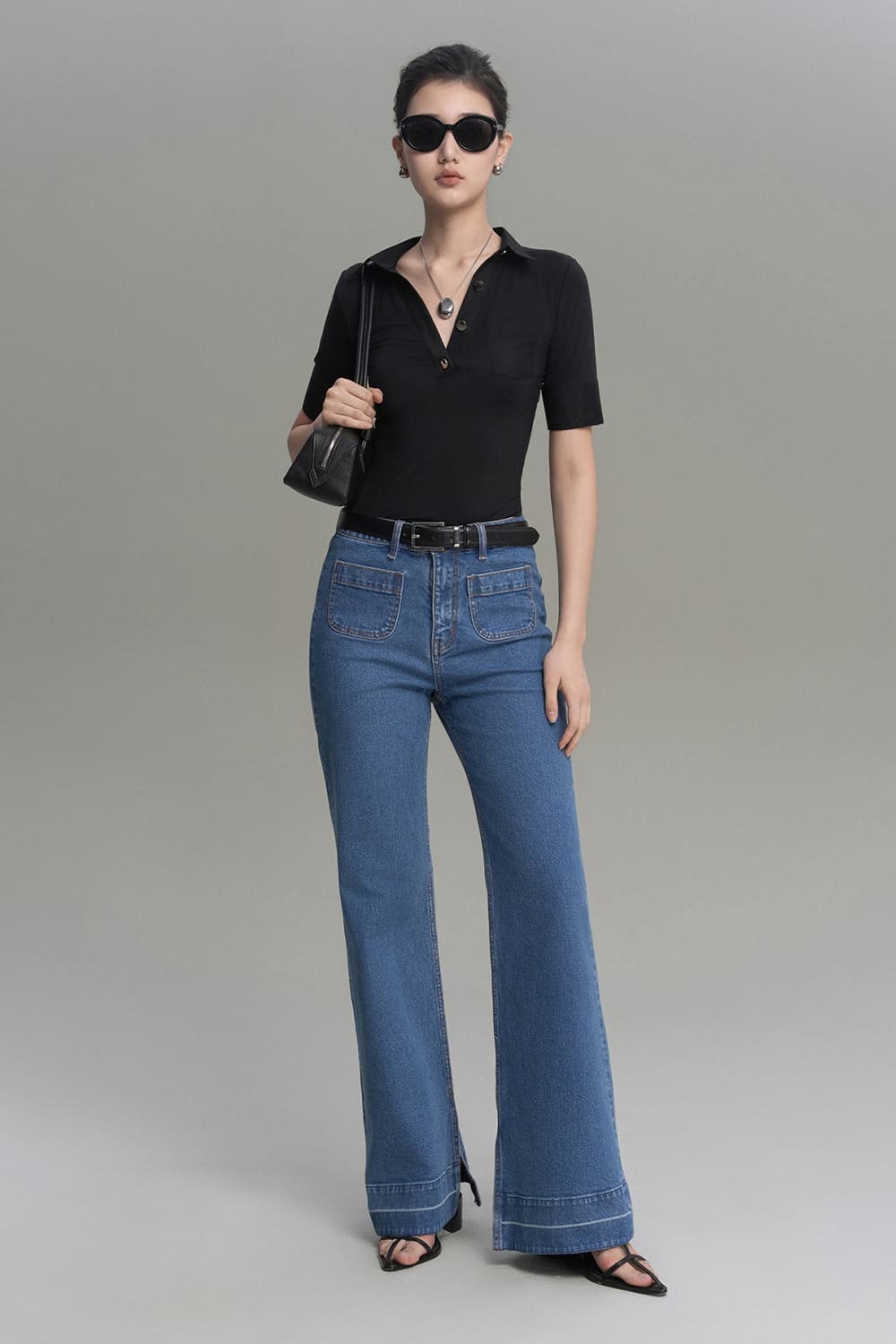 Clara Straight Patch Pocket Cotton Denim Floor Length Pants