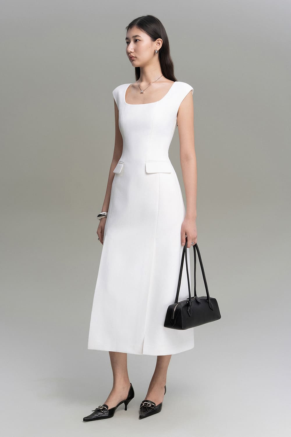 Becca A-line Square Neck Twill Calf Length Dress
