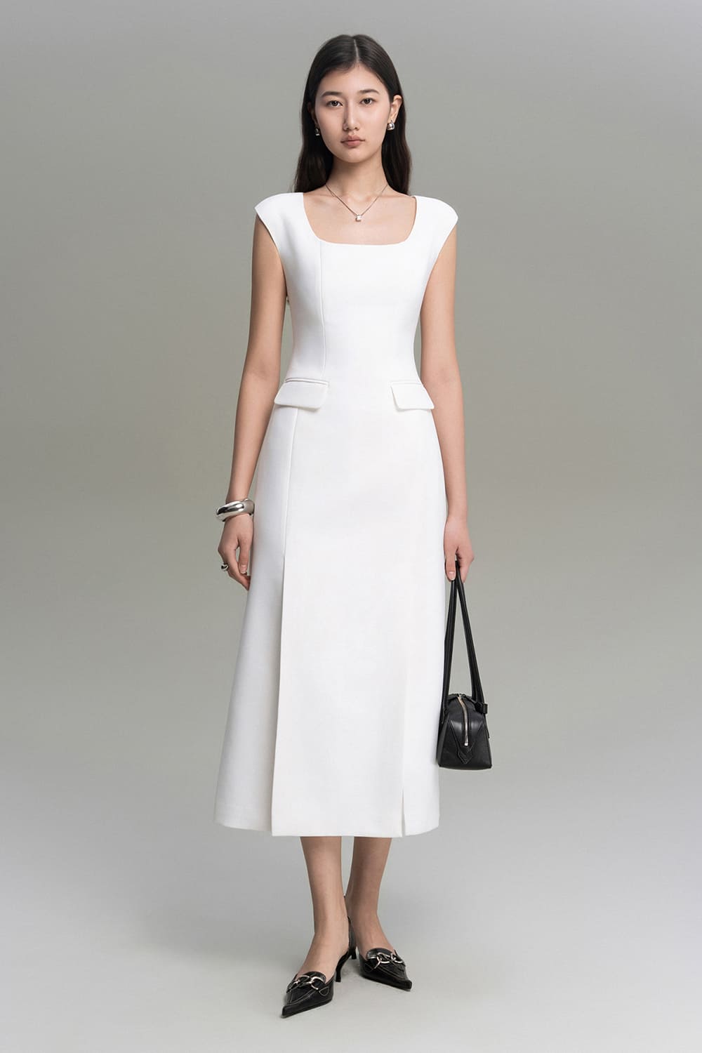 Becca A-line Square Neck Twill Calf Length Dress