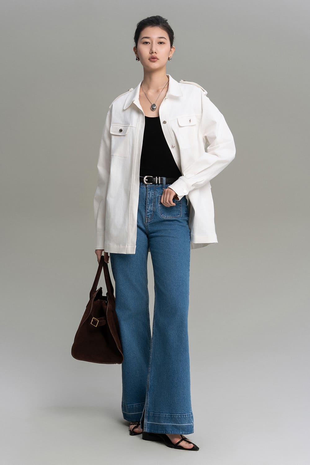 Clara Straight Patch Pocket Cotton Denim Floor Length Pants