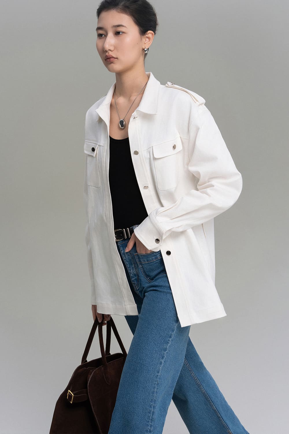 Clara Straight Patch Pocket Cotton Denim Floor Length Pants