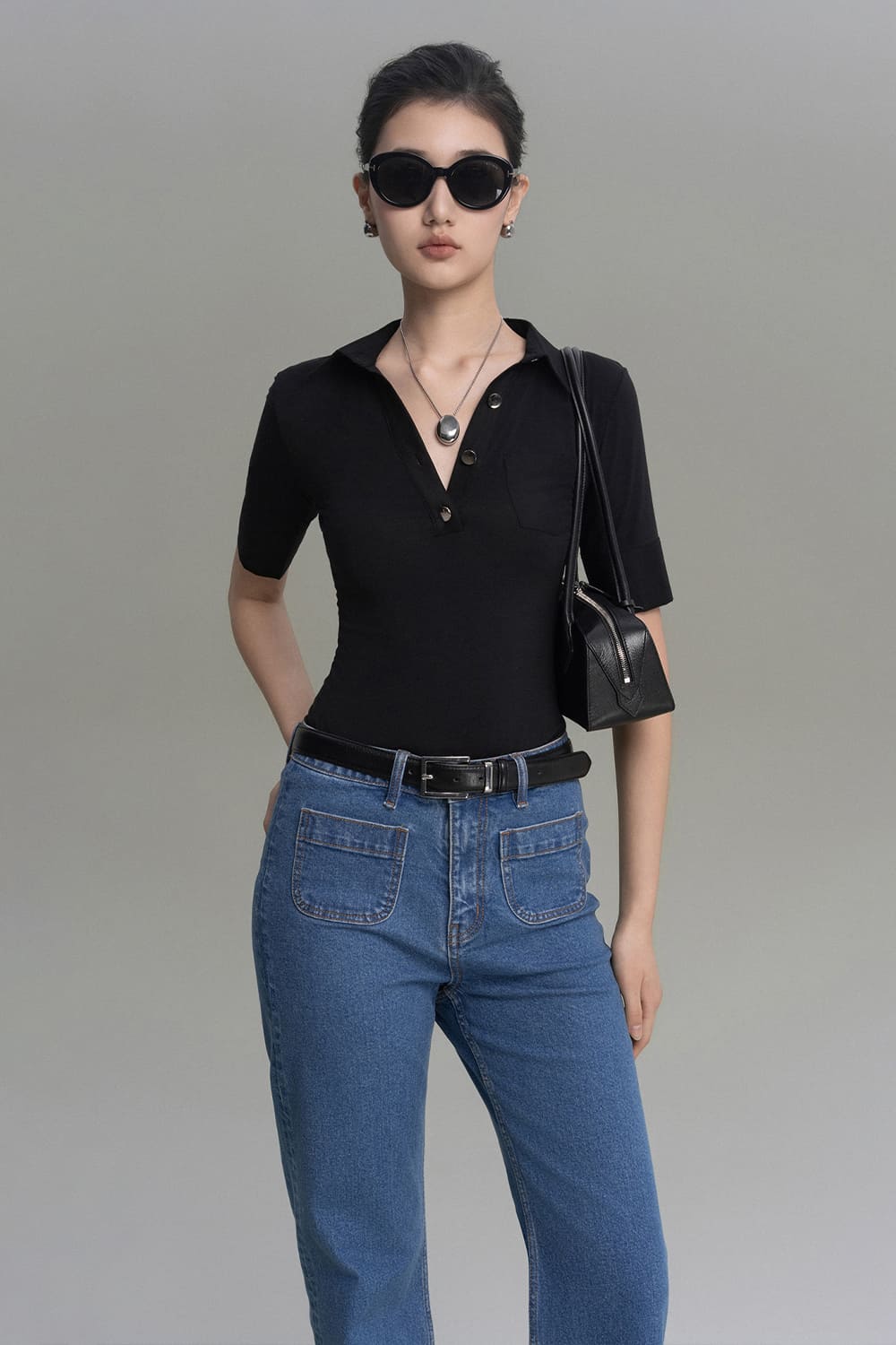 Clara Straight Patch Pocket Cotton Denim Floor Length Pants