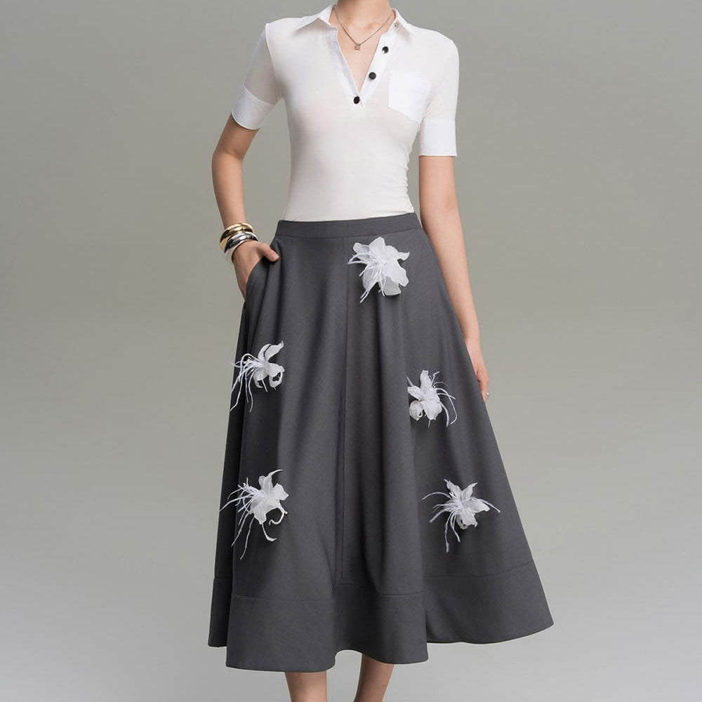Carlyn A-line Flower Applique Twill Silk Calf Length Skirt