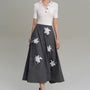 Carlyn A-line Flower Applique Twill Silk Calf Length Skirt