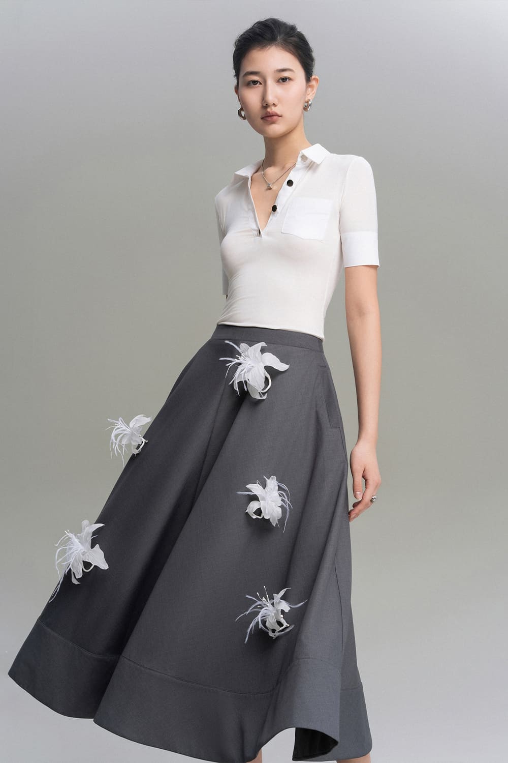 Carlyn A-line Flower Applique Twill Silk Calf Length Skirt