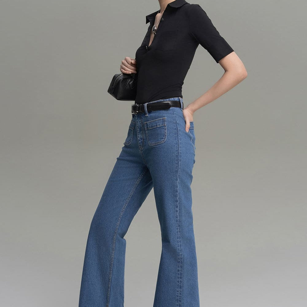 Clara Straight Patch Pocket Cotton Denim Floor Length Pants