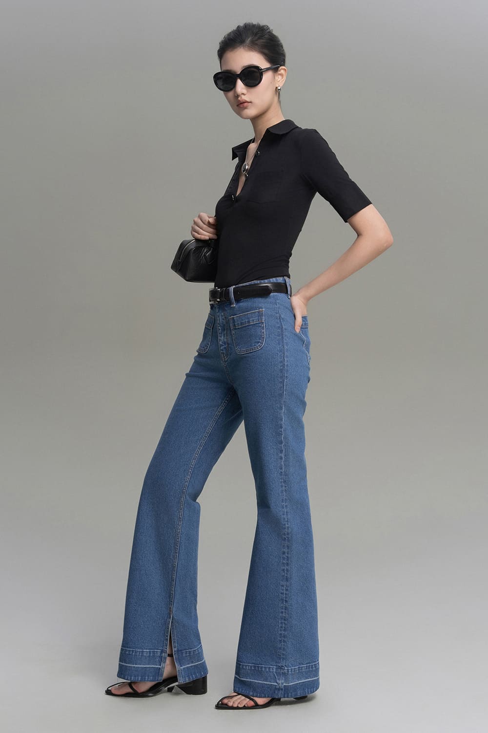 Clara Straight Patch Pocket Cotton Denim Floor Length Pants