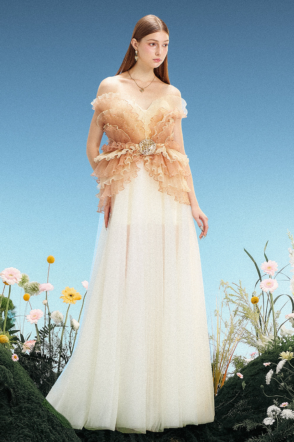 peach maxi dress for wedding Women's Sable Ruffle Maxi Dress Peach & Nude XS/S/M/L/XL/Customize MEAN BLVD Peach & Nude / XL