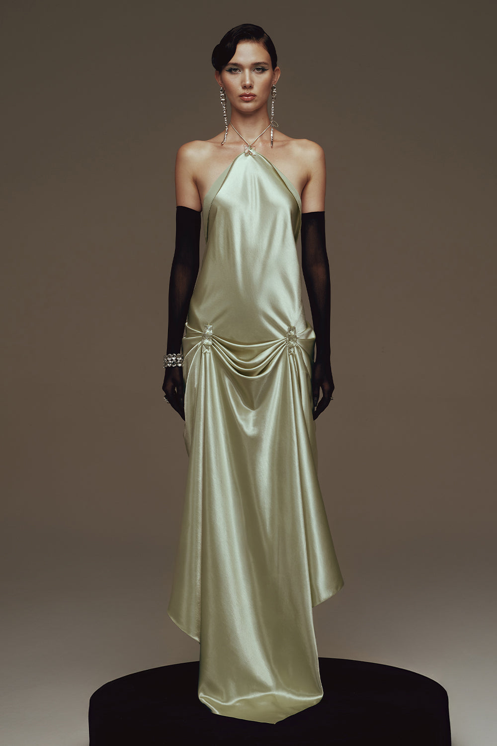 Satiné Halter Rhinestone Maxi Dress - MEAN BLVD