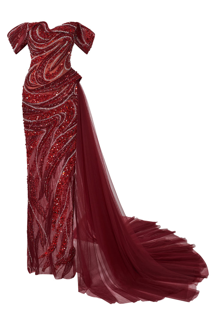 Scarlet Off-Shoulder Rhinestone Maxi Dress - MEAN BLVD