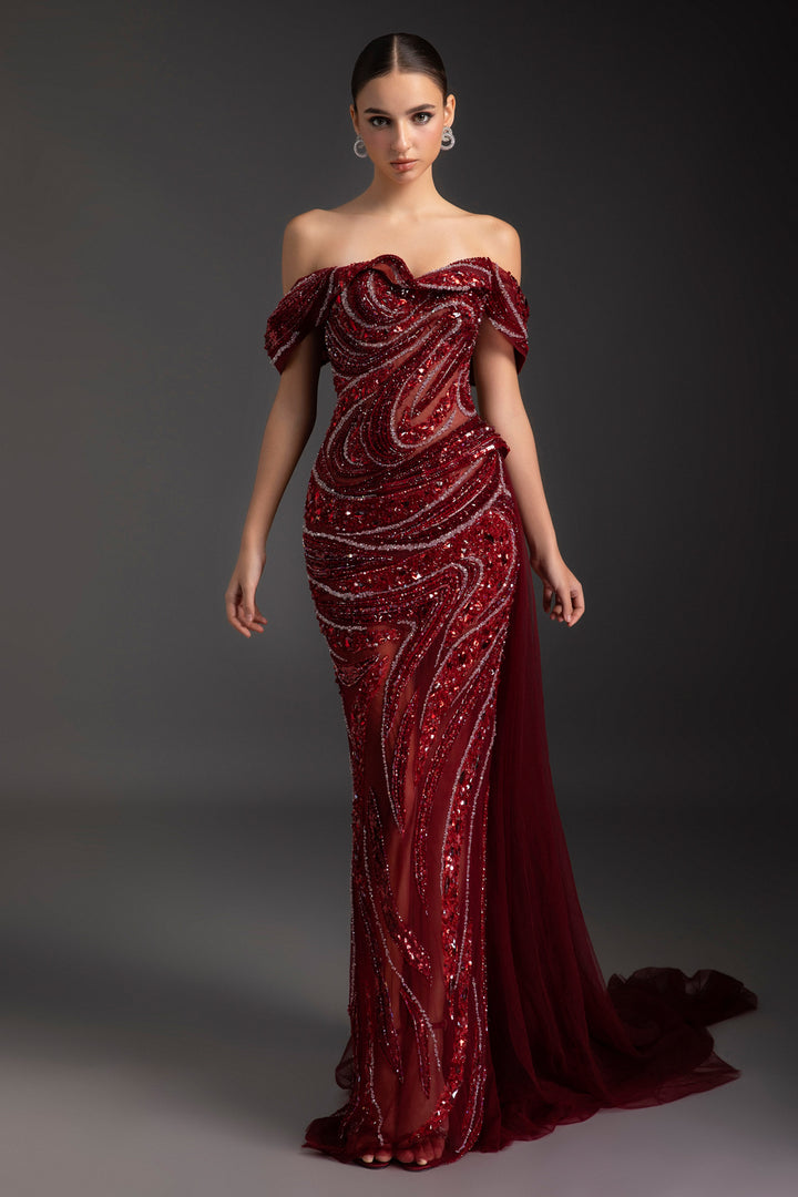 Scarlet Off-Shoulder Rhinestone Maxi Dress - MEAN BLVD