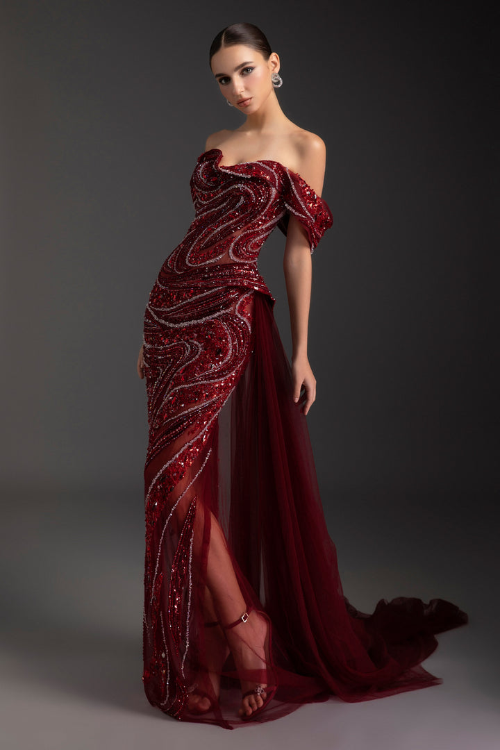 Scarlet Off-Shoulder Rhinestone Maxi Dress - MEAN BLVD