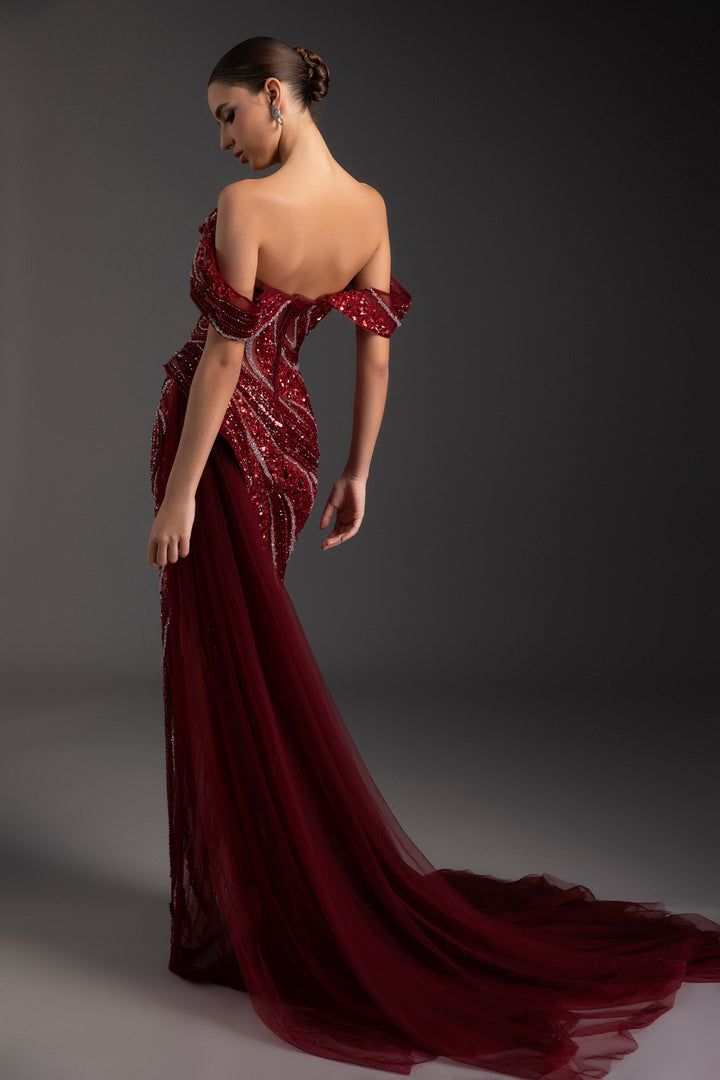 Scarlet Off-Shoulder Rhinestone Maxi Dress - MEAN BLVD