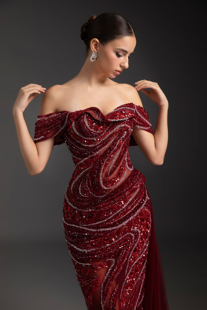 Scarlet Off-Shoulder Rhinestone Maxi Dress - MEAN BLVD
