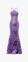 Slashed Sequin Halter Neck Gown with Lace Gloves 3