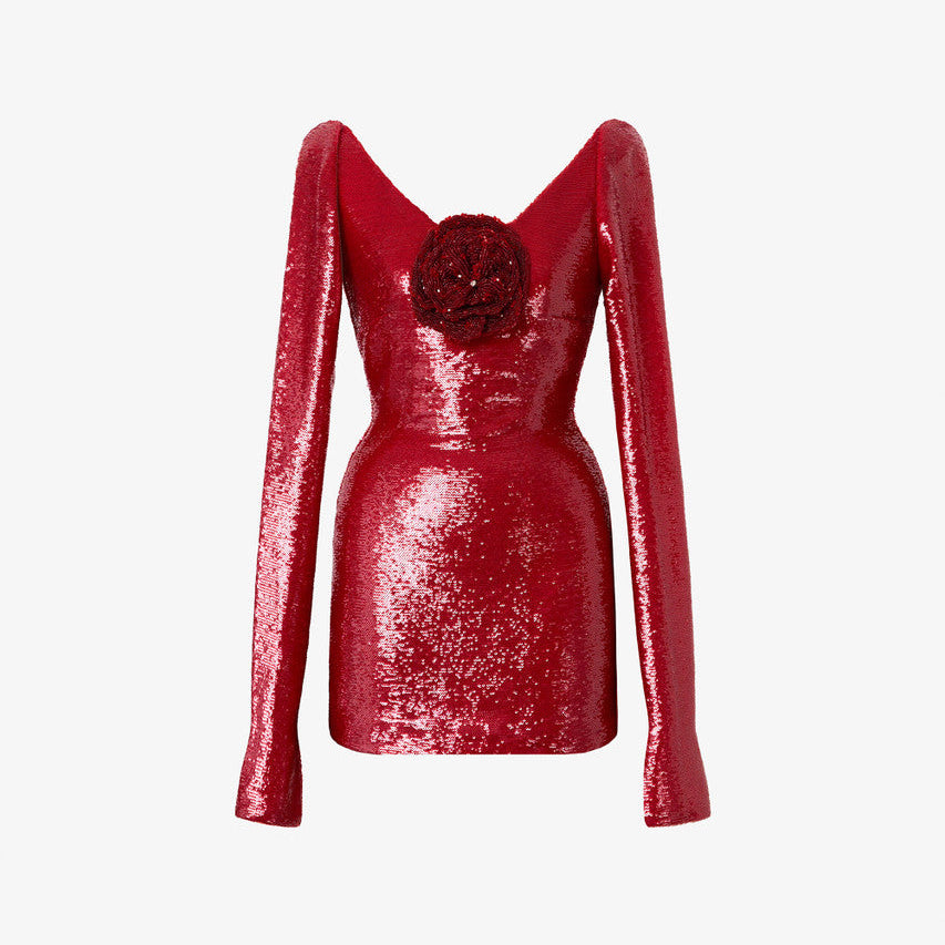 Enchantress Sequin Long Sleeve Floral Appliqué Mini Dress