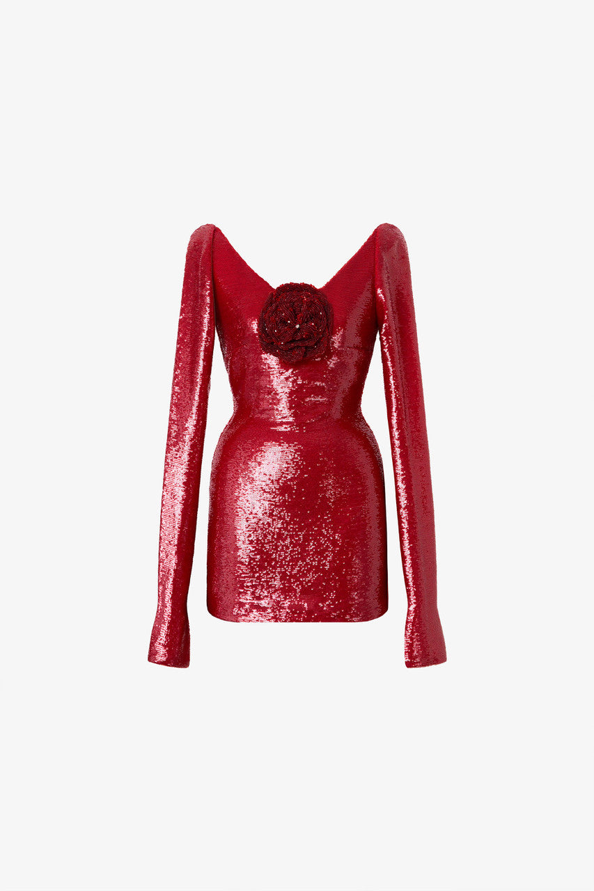 Enchantress Sequin Long Sleeve Floral Appliqué Mini Dress