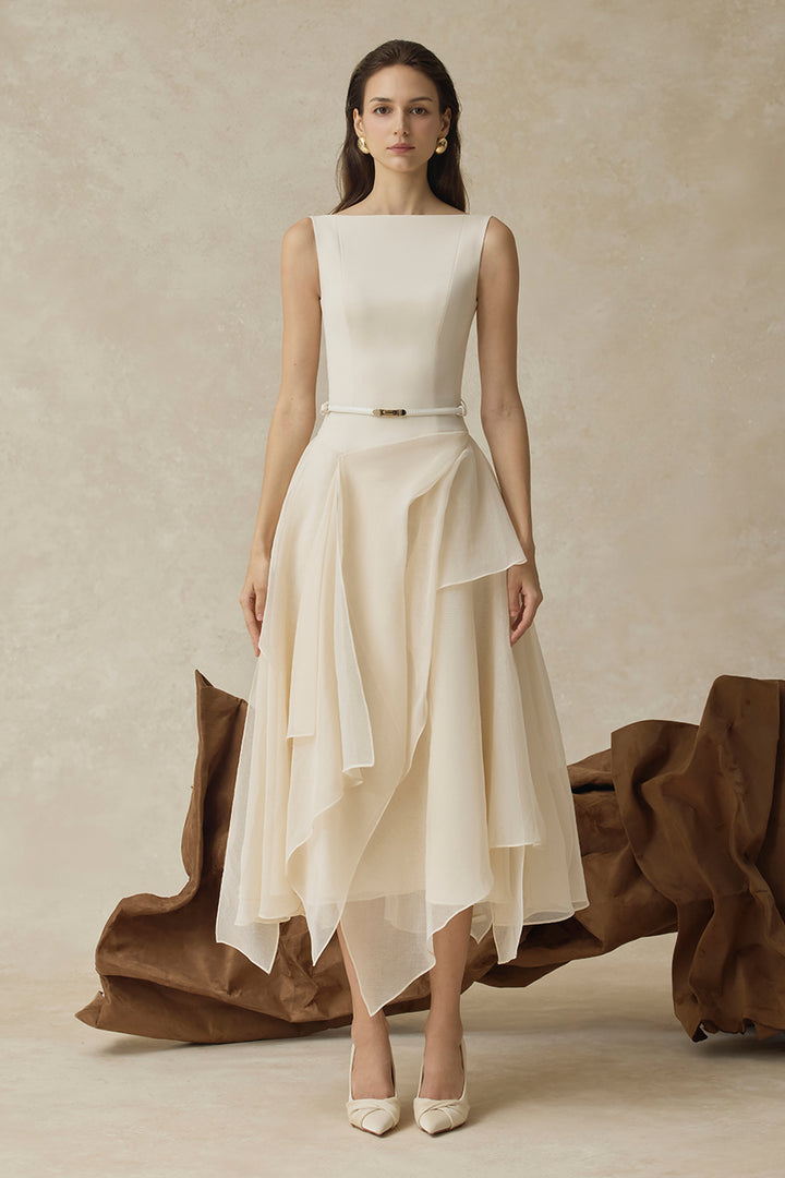 Seraphelle Cape Sleeve Ruffle Midi Dress - MEAN BLVD