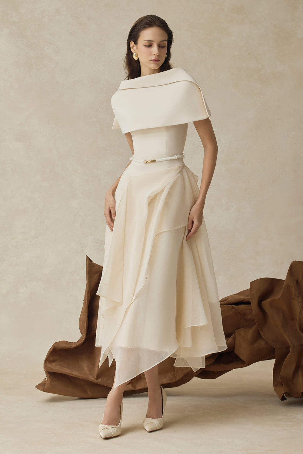 Seraphelle Cape Sleeve Ruffle Midi Dress Cream / XS