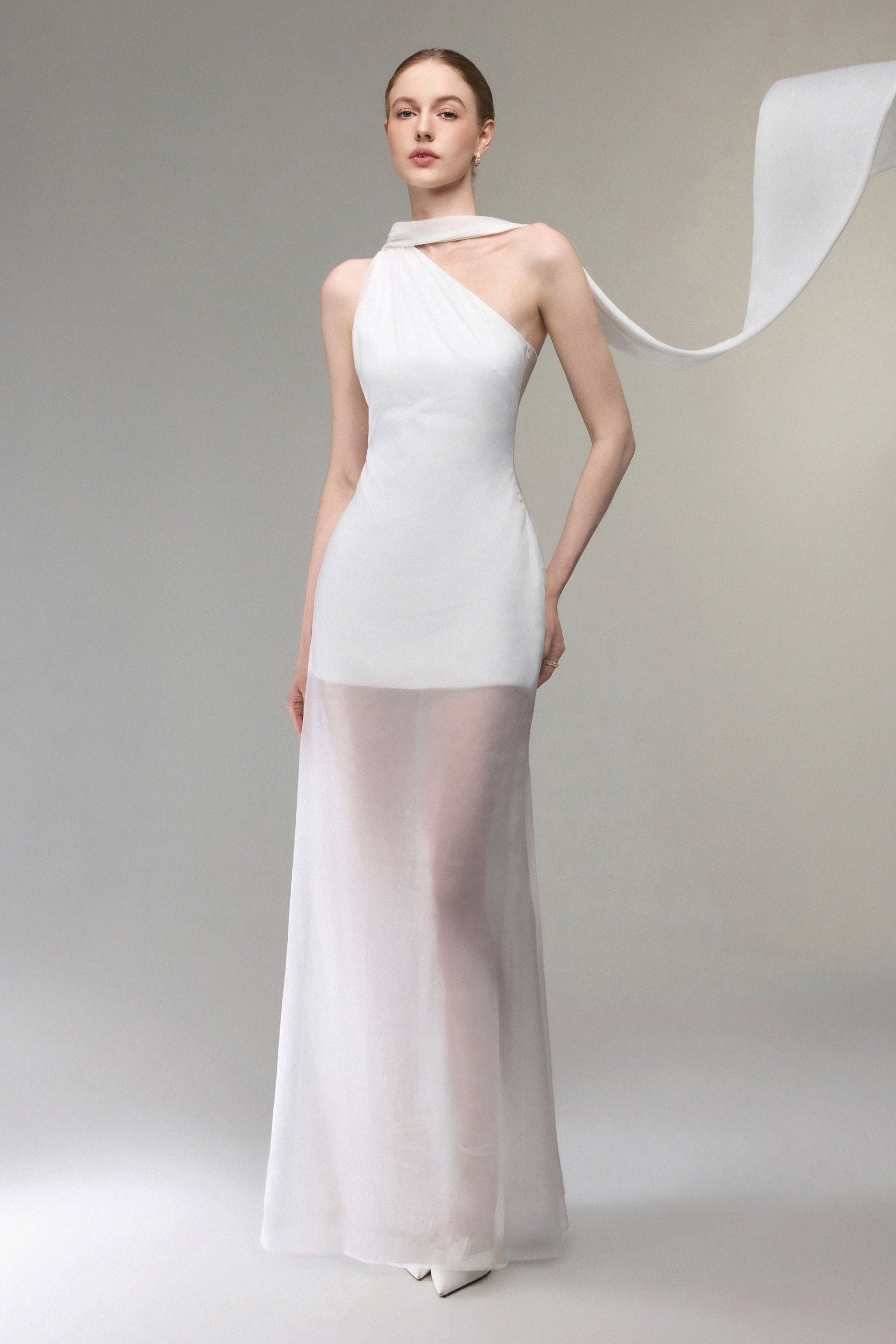 white one shoulder maxi dress Pleated - One-Shoulder Dress - Maxi Dress Invisible zip closure Women's Serein One Shoulder Maxi