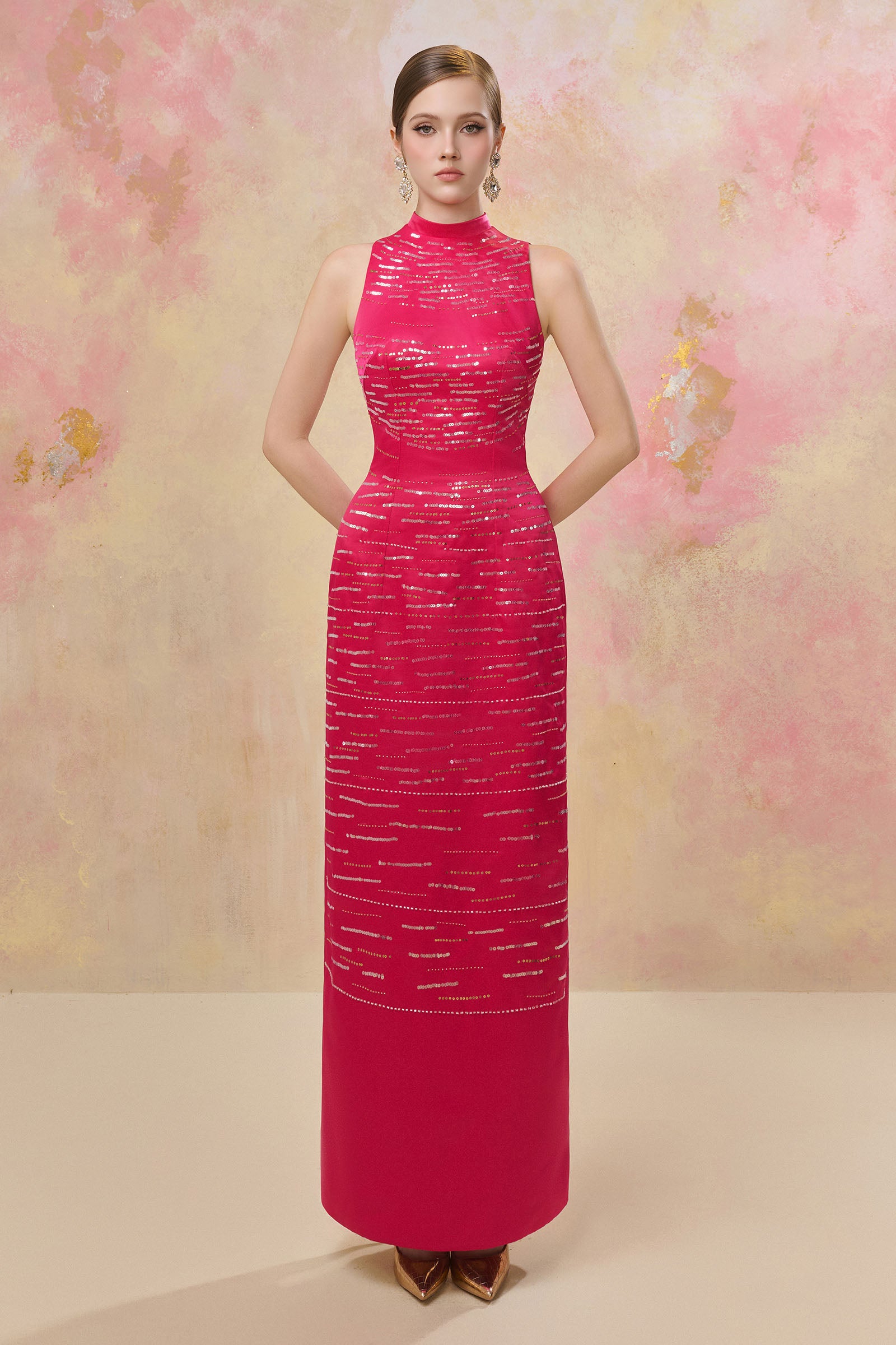 seren maxi dress Sequin Fuchsia Pink / L soft in movement Color:Ice  Blue Sage Green Shiny Quinceanera 1960s mod