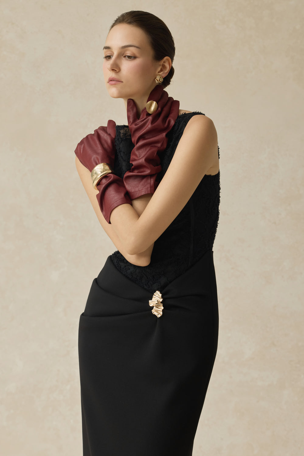 Women's Serephira Pencil Draped Midi Dress XS/S/M/L/XL/Customize Black MEAN BLVD Black / L Women's Serephira Pencil Draped Midi Dress XS/S/M/L/XL/Customize Black MEAN BLVD Black / L
