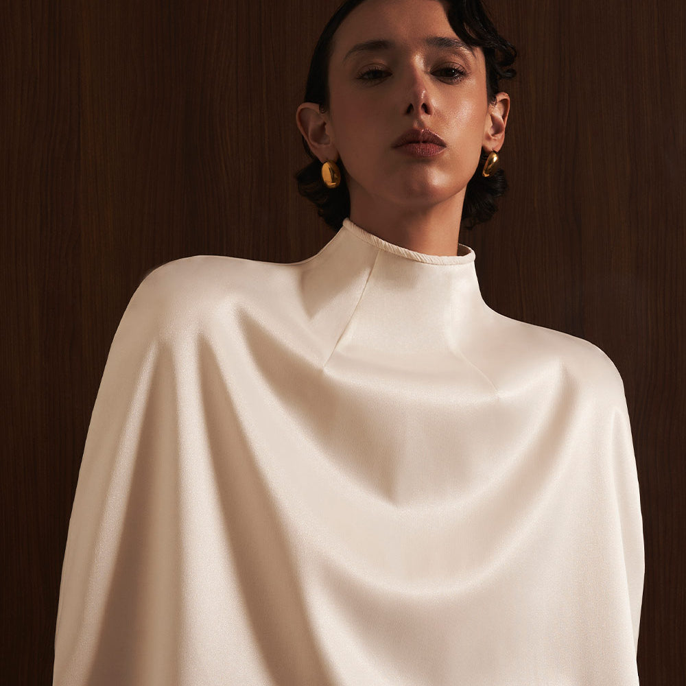 Minh Nga Trapezoid High Neck Satin Cape