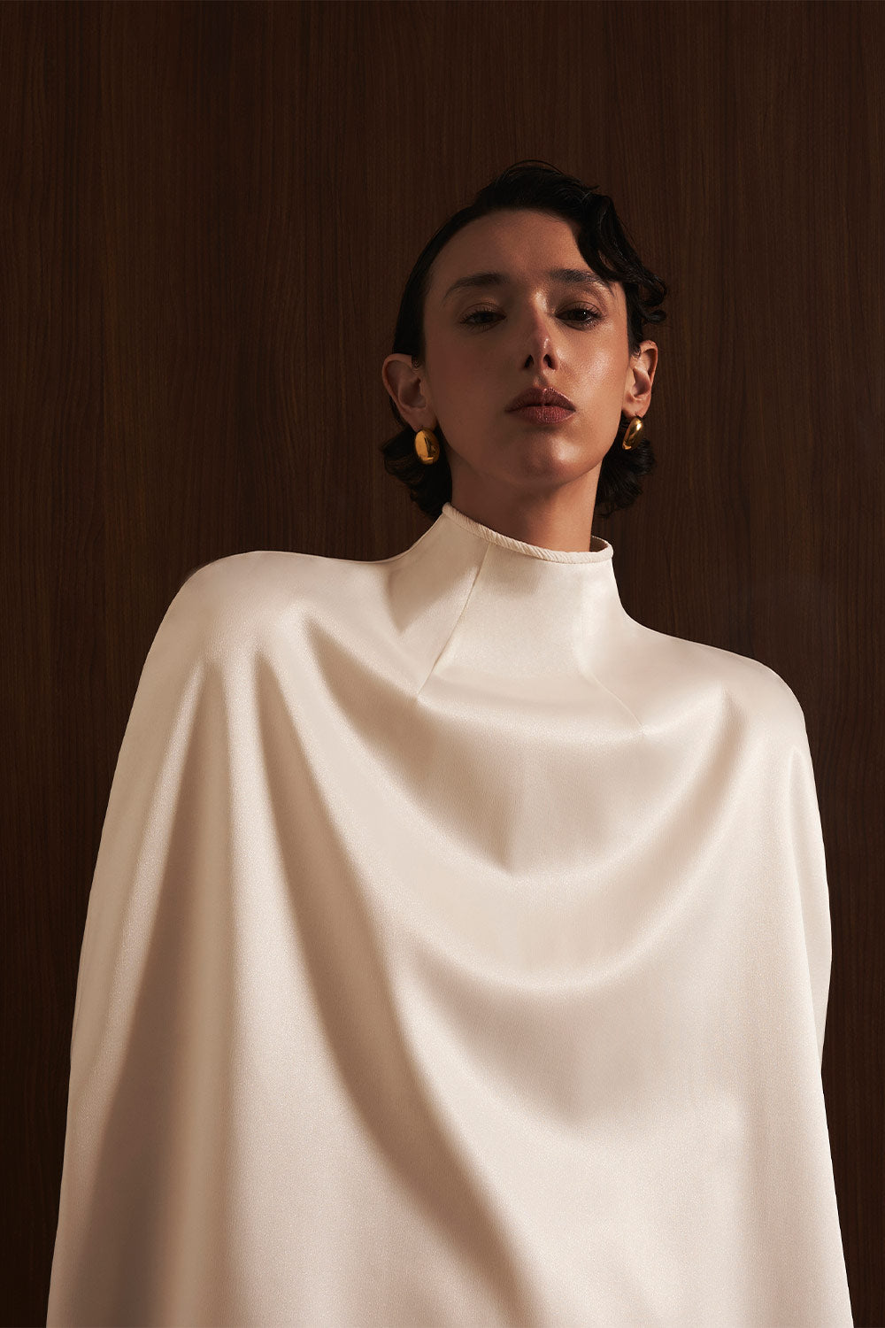 Minh Nga Trapezoid High Neck Satin Cape